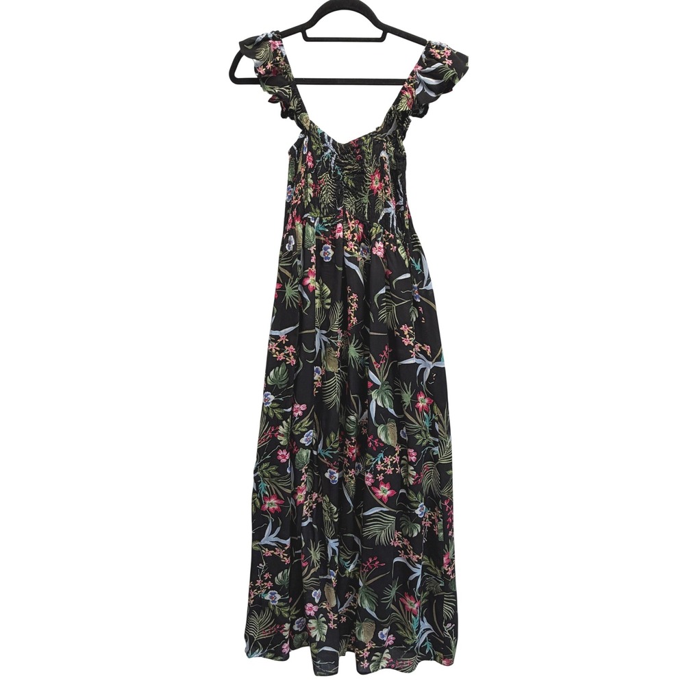 Tropical Floral Maxi Dress Smocked Flutter Sleeve Black Women Raviva Fairy Med